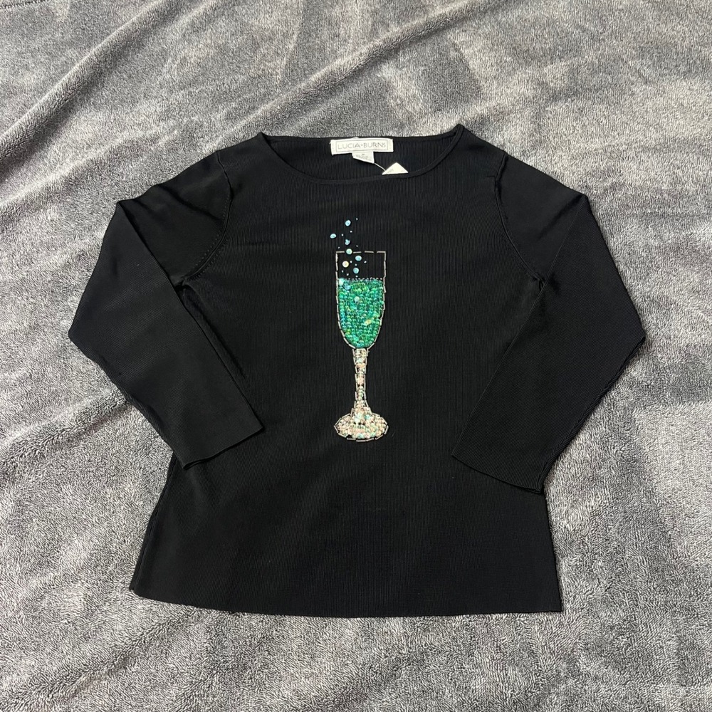 Lucia Burns Black Ribbed Sequin Champagne Flute Top 3/4 Sleeve Cocktail NYE NEW
